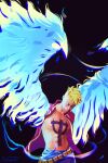  1boy artist_name belt black_background blonde_hair blue_wings chest_tattoo clauduranart closed_eyes collared_shirt cowboy_shot english_commentary highres male_focus marco_(one_piece) one_piece open_clothes open_shirt purple_shirt shirt short_hair solo tattoo upper_body wings 