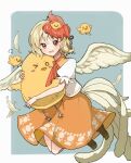  1girl :d animal animal_on_head bird bird_on_head bird_tail bird_wings blonde_hair blue_background border brown_footwear chick chicken choker commentary_request d9ysbx288350 dress feathered_wings feathers full_body multicolored_hair niwatari_kutaka on_head orange_dress puffy_short_sleeves puffy_sleeves red_eyes red_hair ribbon_choker shirt short_sleeves smile solo tail touhou two-tone_hair white_border white_shirt wings yellow_feathers yellow_wings 