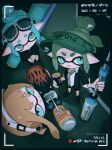  3boys aqua_eyes aqua_hair artist_name blue_eyes closed_mouth commentary e-liter_4k_(splatoon) from_above full_body goggles goggles_on_head green_eyes green_hair green_headwear gun high_ponytail highres holding holding_gun holding_weapon inkling_boy inkling_player_character long_hair medium_hair montaro_810 multiple_boys orange_hair pointy_ears range_blaster_(splatoon) splat_roller_(splatoon) splatoon_(series) splatoon_3 standing symbol-only_commentary tentacle_hair thick_eyebrows twitter_username viewfinder visor_cap weapon 