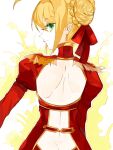  1girl ahoge artoria_pendragon_(fate) back backless_outfit bad_drawr_id bad_id blonde_hair butt_crack closed_mouth dress epaulettes fate/extra fate_(series) green_eyes hair_bun juliet_sleeves kakaaru long_sleeves looking_at_viewer nero_claudius_(fate) nero_claudius_(fate/extra) oekaki puffy_sleeves red_dress saber_(fate) short_hair sidelocks solo two-tone_background upper_body white_background yellow_background 