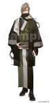  1boy alternate_costume arm_at_side black_bridal_gauntlets black_footwear black_jacket black_sash black_scarf boots bridal_gauntlets brown_hair copyright_notice covered_mouth folded_fan folding_fan full_body green_eyes green_kimono hair_over_one_eye hand_fan hand_on_own_hip haori houndstooth jacket japanese_clothes kimono long_hair long_sleeves looking_at_viewer male_focus nijisanji official_art oliver_evans ponytail sample_watermark sash sayagata scarf simple_background solo standing straight-on virtual_youtuber watermark white_background white_scarf yukko_(matakite_4kaku) 