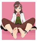  1girl ace_attorney ankle_ribbon apollo_justice:_ace_attorney bangs barefoot belt black_footwear blue_eyes border brown_hair brown_pants commission ema_skye eyewear_on_head feet full_body green_vest high_heels highres knees_apart_feet_together labcoat leg_ribbon licking_lips long_hair looking_at_viewer necktie pants pants_rolled_up pink_background pink_shirt red_necktie ribbon shadow shirt shoes shoes_removed sidelocks sitting softhanten soles solo spread_legs swept_bangs toe_scrunch toes tongue tongue_out twitter_username vest white_border 