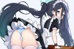  1girl absurdly_long_hair apron aqua_halo aris_(blue_archive) aris_(maid)_(blue_archive) arm_support ass bent_over black_dress black_hair black_wristband blue_archive blue_eyes blue_panties blush dress finger_to_mouth frilled_dress frills from_side halo long_hair looking_at_viewer looking_back maid maid_apron maid_headdress mechanical_halo official_alternate_costume open_mouth panties ponytail puffy_short_sleeves puffy_sleeves short_dress short_sleeves solo square_halo thighhighs underwear very_long_hair wanamochi white_apron white_background white_thighhighs 