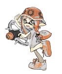  1girl bow_(weapon) braid braided_sidelock eyebrow_cut full_body grey_eyes grey_shirt highres holding holding_bow_(weapon) holding_weapon inkling_girl inkling_player_character long_hair looking_back open_mouth orange_hair orange_headwear pointy_ears print_shirt raised_eyebrows reef-lux_450_(splatoon) sharp_teeth shirt simple_background single_braid solo splatoon_(series) splatoon_3 tears teeth tentacle_hair thick_eyebrows weapon white_background yabi_(akfkzkcl) 