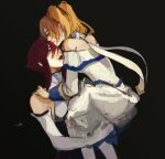  2girls barbara_(genshin_impact) bare_shoulders black_background blonde_hair carrying carrying_person closed_mouth commentary dress elbow_gloves english_commentary genshin_impact gloves hand_on_another&#039;s_shoulder jea_(dark_jea) long_hair multiple_girls off-shoulder_dress off_shoulder parted_lips red_eyes red_hair red_lips rosaria_(genshin_impact) short_hair_with_long_locks simple_background twintails white_dress white_gloves yuri 