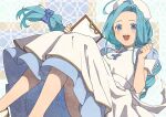  1girl ahoge alternate_costume apron blue_dress blue_eyes blue_hair blush braid braided_ponytail clipboard dress feet_out_of_frame granblue_fantasy hat holding holding_clipboard long_hair looking_at_viewer lyria_(granblue_fantasy) mifuta nurse_cap open_mouth puffy_short_sleeves puffy_sleeves short_sleeves smile solo very_long_hair 