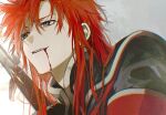 1boy asch_(tales) blood blood_from_mouth commentary_request eyelashes green_eyes grey_background highres long_hair male_focus meba parted_lips red_hair scene_reference simple_background smile solo spoilers sword tales_of_(series) tales_of_the_abyss upper_body weapon white_trim 