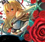  1girl aqua_eyes bare_shoulders blonde_hair blush braid breasts crown dress flower french_braid hair_between_eyes highres jewelry kantai_collection large_breasts long_hair looking_at_viewer mini_crown necklace off-shoulder_dress off_shoulder petals red_flower red_rose rose signature smile solo sunday_aki upper_body warspite_(kancolle) 