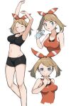  1girl absurdres bangs bike_shorts blush bottle bow_hairband breasts brown_hair closed_eyes closed_mouth commentary_request grey_eyes hairband hand_up highres holding holding_bottle looking_at_viewer may_(pokemon) multiple_views pokemon pokemon_(game) pokemon_oras shirt simple_background sleeveless sleeveless_shirt smile sports_bra stretching tsuneshima water_bottle white_background 