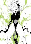  1girl absurdres arm_up bare_legs breasts clenched_hand collarbone curly_hair dress floating_hair greyscale highres index_finger_raised looking_at_viewer medium_breasts monochrome nomomono_eraser one-punch_man open_mouth pelvic_curtain short_hair simple_background solo tatsumaki thighs two-tone_background 