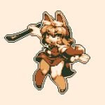  1girl animal_ear_fluff animal_ears brown_theme commentary_request cookie_(touhou) fox_ears fox_girl fox_tail full_body highres holding looking_at_viewer medium_bangs miramikaru_riran monochrome open_mouth pokemon pokemon_rgby pokemon_rgby_(style) rod shirt shoes short_hair simple_background skirt smile solo tail tonchamon_san vest 