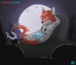 absurd_res anthro balls bottomless canid canine cemetery clothed clothing fox genitals ghost hi_res katxfish light male mammal moonlight night penis relaxed_expression relaxing sleeping solo spirit