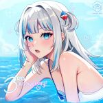  1girl anniversary armpit_peek artist_name blue_eyes blue_hair blue_sky blunt_bangs cloud drawn_heart english_commentary english_text gawr_gura grey_hair hair_intakes hair_ornament hand_on_own_cheek hand_on_own_face heart highres hololive hololive_english khaonpng light_blush long_hair looking_at_viewer multicolored_hair ocean open_mouth sharp_teeth sky solo streaked_hair teeth two_side_up upper_body upper_teeth_only virtual_youtuber watermark white_swimsuit 