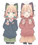  2girls animal_ear_headphones animal_ears black_leggings blonde_hair blue_archive blue_sweater blush bow cat_ear_headphones closed_eyes collared_shirt contemporary cropped_legs double_v fake_animal_ears green_bow green_eyes green_halo green_shorts hair_bow halo hands_up headphones kamotsu_yasai leggings long_sleeves looking_at_viewer low-tied_sidelocks midori_(blue_archive) momoi_(blue_archive) multiple_girls notice_lines open_mouth orange_skirt pink_halo red_bow red_sweater shirt short_hair shorts siblings sisters skirt smile sweater twins v white_shirt 