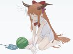  1girl absurdres arm_support bare_arms bare_legs barefoot bow bowtie brown_horns closed_eyes closed_mouth food fruit grey_background hair_bow hand_fan highres horn_ornament horn_ribbon horns ibuki_suika long_hair notice_lines orange_hair paper_fan purple_ribbon red_bow red_bowtie reisende1969 ribbon shirt sidelocks simple_background sitting sketch sleeveless sleeveless_shirt solo teruterubouzu touhou wariza watermelon wavy_mouth white_shirt 
