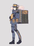  2girls androgynous backpack bag bb-28 bb-28_(cosplay) belt belt_pouch black_eyes black_hair boots cosplay death_stranding fur_hat goggles goggles_on_headwear hat highres jacket kino_(kino_no_tabi) kino_no_tabi kokuya28 multiple_girls pants parody pouch reverse_trap short_hair strap tea_(kino_no_tabi) white_hair 