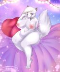  absurd_res anthro arctic_fox bedroom bedroom_eyes belly canid canine chubby_belly chubby_female female flirting fox hi_res mammal narrowed_eyes nude pinup pose seductive shianko solo sophie_(xausr32) 