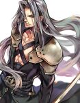  abs armor bare_pectorals belt black_belt black_coat chest_strap coat collarbone embers final_fantasy final_fantasy_vii green_eyes grey_hair hair_over_one_eye high_collar holding holding_sword holding_weapon katana long_bangs long_hair looking_up male_focus multiple_belts muscular muscular_male open_clothes open_coat parted_bangs pauldrons pectorals sephiroth shoulder_armor smirk solo sword tama_(tmfy5) upper_body very_long_hair weapon white_background 