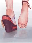  1girl anklet barefoot close-up feet feet_only foot_focus genshin_impact high_heels highres jewelry juwdi okobo reflective_floor sandals shadow shoes signature single_sandal single_shoe soles solo tile_floor tiles toenails toes yae_miko 