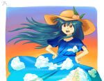  1girl absurdres alternate_costume blue_dress blue_hair bread_master brown_headwear commentary dress gradient_background highres hinanawi_tenshi looking_at_viewer peach_hat_ornament red_eyes signature sky_print solo touhou 