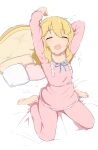  1girl absurdres breasts commentary highres idolmaster idolmaster_cinderella_girls idolmaster_cinderella_girls_u149 on_bed pajamas pillow pink_pajamas sakurai_momoka short_hair sitting sleepy small_breasts solo waking_up wariza white_background wood_pump yawning 