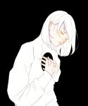  1girl black_background closed_eyes hands_on_own_chest hands_up highres hole_in_chest hole_on_body long_sleeves medium_hair original parted_lips shim_46 shirt short_hair simple_background solo sweater upper_body white_hair 