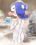 1girl 1other amakusa_setoka bare_shoulders blue_hair blush cephalopod_eyes closed_mouth commentary_request embarrassed eyelashes hair_over_one_eye highres jellyfish_(splatoon) medium_hair octoling onsen red_eyes red_pupils rock shiver_(splatoon) splatoon_(series) standing tears tentacle_hair thick_eyebrows tooth_earrings wavy_mouth wet white_towel 