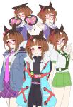  1girl absurdres animal_ears arms_behind_back badge belt black_shirt blue_coat breasts brown_hair button_badge clenched_hand closed_eyes coat ear_ornament ears_down fanny_pack glasses green_shorts hand_fan hand_up headphones headphones_around_neck highres horse_ears long_sleeves looking_at_viewer multiple_views necktie ningen3333 open_clothes open_coat open_mouth outstretched_arm pink_necktie pointing pointing_at_viewer purple_shirt purple_skirt race_bib red_eyes school_uniform shirt shirt_tucked_in short_hair short_sleeves shorts skirt small_breasts smile standing tracen_school_uniform transcend_(umamusume) umamusume upper_body white_background white_shirt 