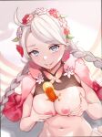  1girl absurdres ahoge artist_name blue_eyes blush braid breasts butterfly_wings capelet commission commissioner_upload fairy_wings fingernails fire_emblem fire_emblem_fates fire_emblem_heroes flower food grey_hair hair_vines hairband highres insect_wings large_breasts long_fingernails long_hair looking_at_viewer low_twin_braids low_twintails nail_polish nina_(fire_emblem) nina_(resplendent)_(fire_emblem) nipples non-web_source official_alternate_costume pink_capelet pink_flower pink_nails popsicle sexually_suggestive shiro_font solo tongue tongue_out twin_braids twintails white_flower wings 