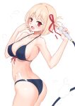  1girl ass bangs bare_shoulders bikini blonde_hair blue_bikini blush breasts cleavage collarbone hair_ribbon highres jilu large_breasts looking_at_viewer lycoris_recoil nishikigi_chisato open_mouth red_eyes red_ribbon ribbon short_hair simple_background smile solo swimsuit thighs white_background 