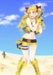  1girl absurdres artist_name bandaged_knees bandaged_leg bandages bandeau belt belt_buckle black_belt blonde_hair blue_bandeau blue_sky boots brown_belt buckle cactus cloud cosplay cropped_vest cross-laced_footwear dated desert energy_gun english_commentary ereshkigal_(fate) fate/grand_order fate_(series) fingerless_gloves full_body gloves grass gun hair_ribbon handgun highres holding holding_gun holding_weapon holster horizon ishtar_(fate) knees_together_feet_apart kuroeart lace-up_boots landscape light_blush long_hair looking_to_the_side nature navel open_mouth outdoors outline ray_gun red_eyes red_ribbon ribbon short_shorts shorts sky solo space_ishtar_(fate) space_ishtar_(fate)_(cosplay) star_(symbol) studded_belt teeth thigh_belt thigh_strap twintails twitter_username upper_teeth_only vest weapon white_outline yellow_footwear yellow_gloves yellow_shorts yellow_vest 