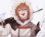  1boy artist_name blue_eyes fangs fur-trimmed_hood fur_trim genshin_impact highres hood hood_up hooded_jacket jacket male_focus orange_hair red_hair sevkyi simple_background solo tartaglia_(genshin_impact) teeth tongue tongue_out upper_body white_background white_jacket 