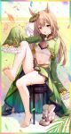  1girl absurdres animal_ears bare_legs barefoot brown_hair dress ear_ornament ear_ribbon feet green_dress green_skirt highres horse_ears horse_girl kazamatsuri_honatsu long_hair multicolored_hair narrow_waist navel satono_diamond_(umamusume) sitting skirt sleeves_past_fingers sleeves_past_wrists soles streaked_hair umamusume white_footwear yellow_eyes 