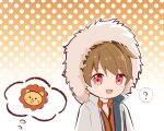  1boy :d ? brown_eyes brown_hair coat fang fur_collar long_sleeves looking_at_viewer lsy0416 luke_pearce_(tears_of_themis) male_focus open_mouth orange_background polka_dot polka_dot_background short_hair smile solo spoken_question_mark tears_of_themis upper_body white_coat winter_clothes winter_coat 