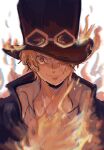  1boy ascot black_headwear blonde_hair close-up coat collared_coat collared_shirt commentary fire goggles goggles_on_headwear hat hat_over_one_eye highres looking_at_viewer male_focus one_piece ri_fanart sabo_(one_piece) scar scar_on_face shirt short_hair smile solo symbol-only_commentary top_hat upper_body 
