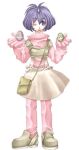  1girl alternate_costume bad_id bag bob_cut bodysuit brown_bag brown_footwear brown_skirt chest_guard easter_egg egg eiko_carol final_fantasy final_fantasy_ix full_body gloves hands_up happy holding holding_egg horns looking_at_viewer lowres one_eye_closed open_mouth pink_bodysuit pink_gloves purple_eyes purple_hair rendezvous shoes shoulder_bag simple_background single_horn skirt smile solo standing suspenders white_background 