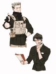  2boys akaashi_keiji black_gloves black_hair bokuto_koutarou book breast_pocket chengongzi123 cropped_torso earpiece fingerless_gloves glasses gloves grey_hair grin haikyuu!! hand_on_own_chin hand_on_own_hip hand_up hat highres holding holding_book holding_pen load_bearing_vest looking_at_viewer male_focus microphone military_hat military_uniform multicolored_hair multiple_boys parted_lips pen pocket short_hair simple_background smile streaked_hair tactical_clothes thick_eyebrows thumbs_up uniform very_short_hair walkie-talkie white_background yellow_eyes 