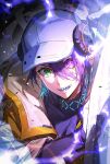  1girl :d arknights asbestos_(arknights) baseball_cap black_shirt blue_hair commentary_request green_eyes hair_between_eyes hat headphones heterochromia highres jacket looking_at_viewer multicolored_hair open_clothes open_jacket purple_eyes purple_hair qinglai_haiji sharp_teeth shirt smile solo teeth two-tone_hair white_headwear yellow_jacket 