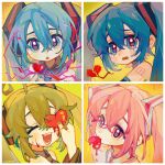 blood blood_on_face blue_hair broken_heart crying crying_with_eyes_open green_hair hatsune_miku heart heart_in_mouth highres necktie open_mouth pink_hair suuroku tagme tears twintails vocaloid yellow_background 