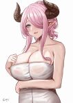  1girl bare_arms bare_shoulders blue_eyes blush breasts brown_horns cleavage collarbone commentary_request draph granblue_fantasy hair_over_one_eye highres horns large_breasts looking_at_viewer naked_towel narmaya_(granblue_fantasy) one_eye_covered open_mouth pink_hair pointy_ears selcky sidelocks simple_background solo towel upper_body white_background white_towel 