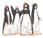  4girls absurdres animal_costume arms_up aru_(blue_archive) black_hair blue_archive blush closed_eyes grey_hair grey_halo hair_between_eyes halo haruka_(blue_archive) highres kayoko_(blue_archive) long_hair looking_at_viewer multicolored_hair multiple_girls mutsuki_(blue_archive) open_mouth penguin_costume pink_hair pink_halo problem_solver_68_(blue_archive) purple_eyes purple_hair purple_halo red_halo simple_background sstthei white_background white_hair yellow_eyes 