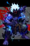  1boy akuma_(street_fighter) barefoot clenched_teeth colored_skin dougi electricity fighting_stance glowing glowing_eyes glowing_hair horns hungry_clicker kuruoshiki_oni male_focus muscular muscular_male purple_skin red_eyes skin-covered_horns solo street_fighter teeth topless_male white_hair 