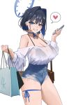  1girl alternate_costume archinoer bag bare_arms bare_shoulders bikini bikini_top_only black_bikini black_bra black_hair blue_eyes blue_hair blue_nails blue_shorts blush bra breasts cleavage colored_inner_hair denim denim_shorts earrings grin hair_intakes hair_ornament hairclip heart high-waist_shorts highres holding holding_phone hololive hololive_english jewelry large_breasts long_sleeves looking_at_viewer multicolored_hair ouro_kronii phone see-through see-through_shirt shirt shopping_bag short_hair short_shorts shorts shoulder_bag simple_background smile solo speech_bubble spoken_heart swimsuit thighs underwear virtual_youtuber wet wet_clothes wet_shirt white_background white_shirt 