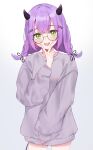  1girl alternate_costume bespectacled commentary_request cowboy_shot demon_horns fang glasses green_eyes grey_sweater hair_ornament hairclip hand_up highres hiragi_1014 hololive horns long_sleeves looking_at_viewer loungewear low-tied_medium_hair medium_hair open_mouth purple_hair round_eyewear simple_background solo sweater tail tokoyami_towa v_over_mouth virtual_youtuber white_background 