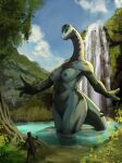 anthro breasts brontosaurus dinosaur diplodocid duo female hattonslayden hi_res human larger_female male mammal nipples plant reptile sauropod scalie size_difference tail take tree waterfall