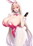  1girl absurdres animal_ears areola_slip blonde_hair blush bow bowtie breasts cellphone chixiao commentary_request cowboy_shot detached_collar fake_animal_ears fake_tail goddess_of_victory:_nikke highres holding holding_phone huge_breasts leotard long_hair looking_at_viewer looking_to_the_side official_alternate_costume open_mouth pantyhose phone pink_bow pink_bowtie pink_leotard playboy_bunny rabbit_ears rabbit_tail red_eyes simple_background smartphone solo strapless strapless_leotard tail very_long_hair viper_(nikke) viper_(toxic_rabbit)_(nikke) white_background white_pantyhose wrist_cuffs 