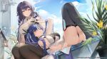  2girls arm_up ass azuma_(azur_lane) azur_lane bangs black_gloves black_hair black_panties blue_eyes blue_hair blue_sky blush bra_visible_through_clothes breasts choyeon closed_mouth clothing_cutout cloud cloudy_sky collared_shirt copyright_name curtains day dress flower gloves hair_between_eyes hair_flaps high-waist_skirt horns ibuki_(azur_lane) knees_up large_breasts long_hair multiple_girls neck_ribbon no_shoes official_art one_eye_closed panties pantyhose parted_lips plant ribbon shirt side_cutout sitting skirt sky sword thighhighs thighs underboob underboob_cutout underwear weapon white_dress white_flower white_ribbon white_shirt yellow_flower 