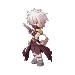  1boy armor assassin_(ragnarok_online) bandages brown_cape brown_pants brown_shirt cape chibi dagger dual_wielding full_body grey_footwear grey_hair hair_between_eyes holding holding_dagger holding_knife holding_weapon jamadhar knife long_bangs looking_at_viewer male_focus mask mouth_mask ninja_mask official_art pants pauldrons ragnarok_online red_eyes scarf shirt shoes short_hair shoulder_armor simple_background sleeveless sleeveless_shirt solo spiked_hair standing tachi-e torn_cape torn_clothes torn_scarf transparent_background waist_cape weapon white_scarf yuichirou 