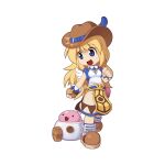  1girl :3 :d backpack bag belt blonde_hair blue_belt blue_eyes blue_socks boots breasts brown_bag brown_footwear brown_gloves chibi cowboy_hat fingerless_gloves full_body gloves hat hat_belt hat_feather long_hair looking_down medium_bangs medium_breasts official_art open_mouth poring pullcart ragnarok_online shirt simple_background slime_(creature) smile socks solo standing super_novice_(ragnarok_online) tachi-e transparent_background turtleneck_shirt very_long_hair white_shirt yuichirou 