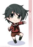  1girl artist_name black_footwear black_hair black_neckerchief boots brown_sailor_collar brown_serafuku brown_shirt brown_shorts character_name chibi cross-laced_footwear green_eyes highres inaba_shiki kantai_collection lace-up_boots long_sleeves looking_at_viewer mogami_(kancolle) neckerchief sailor_collar school_uniform serafuku shirt short_hair shorts simple_background smile solo standing white_background 